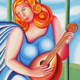 Mairim Perez Roca: 'self portrait', 2020 Acrylic Painting, Music. Artist Description: Technique: Acrylic on canvas Size: 55 cm x 75 cm Year: 2020 Comment: In the foreground this beautiful girl playing her mandolin. She is happy and the music accompanies her. The curved and wavy lines give her sensuality. Everything has movement, from the waves of her hair to ...