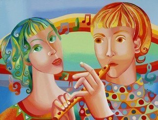 Mairim Perez Roca: 'the musicians', 2018 Acrylic Painting, Music. Technique: Acrylic on canvas Size: 75 cm x 55 cm  Year: 2018Comment: Couple of musicians. The boy is playing the flute and the girl is hearing the melody, the music, the sound. They are in love, they are united by the music. In the background a musical staff with ...