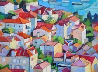 Maja Djokic Mihajlovic: 'medterranean seascape', 2018 Oil Painting, Architecture. seascape, architecture, stone, town, city, houses, buildings, ...