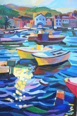 Maja Djokic Mihajlovic: 'seascape', 2018 Oil Painting, Holidays. SEASCAPE, SUMMER, WATER, REFLECTION, BOATS, HARBOUR, MARINA, PROMENADE, SEA, ...