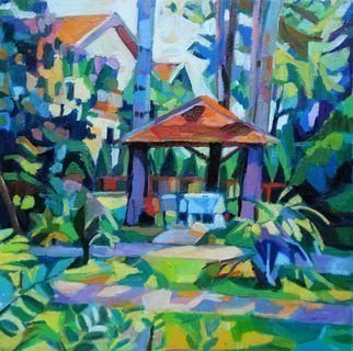 Maja Djokic Mihajlovic: 'summer yard', 2017 Oil Painting, Botanical. dimension: 30 x 30 x 0. 3 cm ,summer, garden, yard, landscape, green, botanical, wood, trees, ...