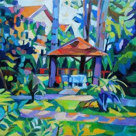 Maja Djokic Mihajlovic: 'summer yard', 2017 Oil Painting, Botanical. Artist Description: dimension: 30 x 30 x 0. 3 cm ,summer, garden, yard, landscape, green, botanical, wood, trees, ...