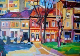 Maja Djokic Mihajlovic: 'urban landscape', 2016 Oil Painting, Architecture. View towards the the sunny street in early morning. Colorful buildings in sequence shining on the sun. Original oil on canvas .This is a unique, one of a kind original oil painting. The painting is sold unframed. It is signed on the back and comes with a Certificate of Authenticity....