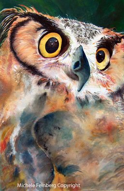Michele Feinberg: 'Give A Hoot', 2006 Watercolor, Birds.  Impressionistic watercolor painting of an owl with piercing eyes.  ...