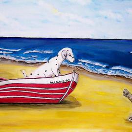 Mamu Art: 'Begegnungen', 2010 Acrylic Painting, Seascape. Artist Description:  Wer bist denn Du, scheint der kleine Hund zu fragen, als er die Riesenschildkrote im Sand entdeckt. Vom sicheren Boot aus, kann er das fremde Tier schwanzwedelnd begrussen.       ...