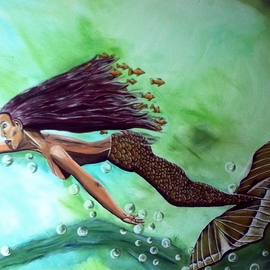 Mamu Art: 'Dream', 2014 Acrylic Painting, Fantasy. Artist Description:  Kleine Meerjungfrau auf der Flucht.Wasser, Meer, Nixe, Fische, Blau, grun, Haare, Blubberblasen, Phantasie, Symbolisch             ...