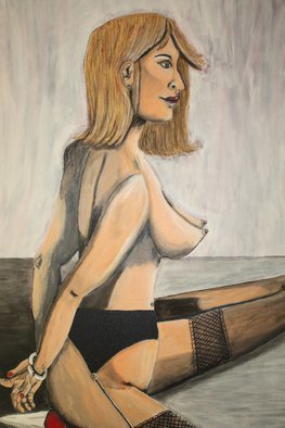 Mamu Art: 'Gefesselt', 2009 Acrylic Painting, Fetish.  Trotz anstrengender Pose schaut die gefesselte Frau in Strapse erwartungsvoll. Frau, Akt, Busen, Gefesselt, Handschellen, Strapse, High Heels, rot, Acryl, Leinwand              ...