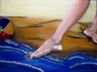 Mamu Art: 'Kalt', 2010 Oil Painting, Seascape.  Vorsichtig testet die Frau mit der grossen Zehe, ob das Wasser die richtige Temperatur zum Baden hat.      ...