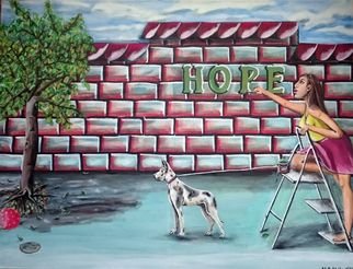 Mamu Art: 'hope', 2017 Acrylic Painting, Animals. Hope  dass der an der Leiter gebundene Hund nicht loslA$?uft. Hope, dass die Frau nicht stA1/4rzt, Hope  dass Mauern fallen  Hope, dass. . . ...