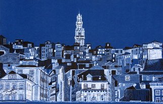 Manuel Silva: 'oporto portugal night', 2021 Ink Drawing, Urban. Old houses Oporto. ...