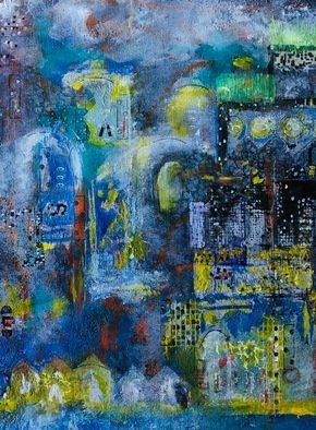 Margaret Thompson: 'urban lights', 2013 Mixed Media, Abstract. This is a mixed media piece, a collage of painted and found materials, using the theme of arches and hidden spaces. Acrylic is the medium. ...
