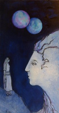 Margaret Stone: 'Discussing The Twin Moons', 2015 Acrylic Painting, Abstract Figurative. What would we do if we looked at the sky one night, after dark, after the sun had set, and, things were not as we expected them to be.  We saw two moons, perhaps twin moons.  Well, we could avoid panic and just discuss it with a friend.  Painting is ...