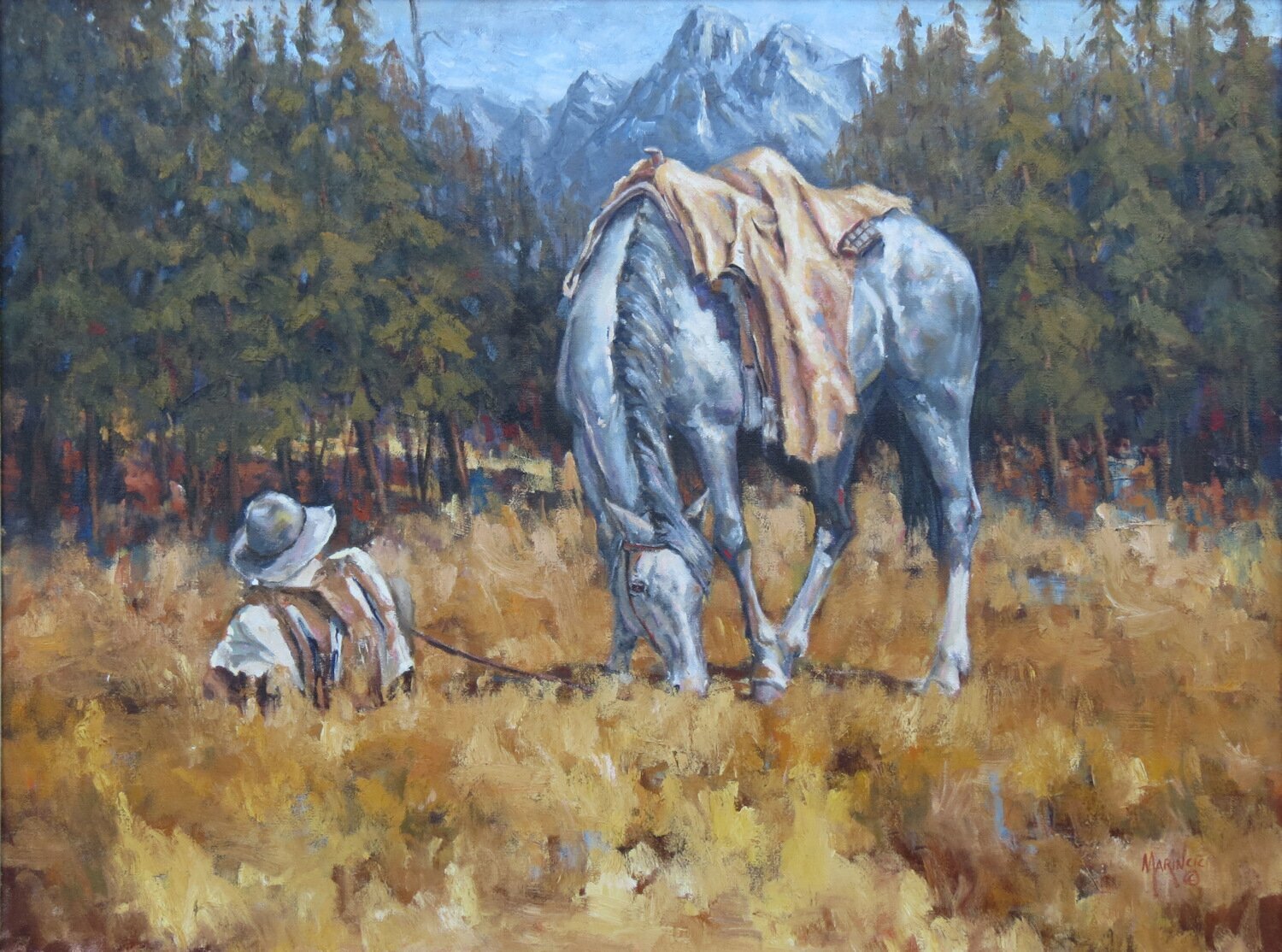 Donny Marincic: 'High Country', 2000 Oil Painting, Western. A Mountain Man resting his pony while enjoying the land he calls home. ...
