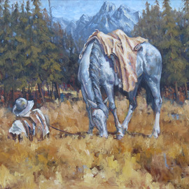 Donny Marincic: 'high country', 2000 Oil Painting, Western. Artist Description: A Mountain Man resting his pony while enjoying the land he calls home. ...