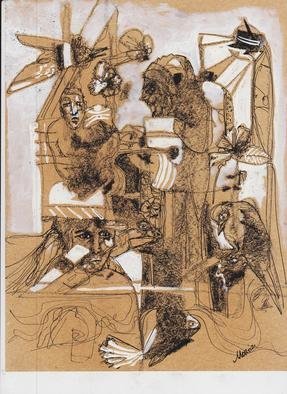 Mario Ortiz Martinez: 'fable for a windy day 4', 2019 Ink Drawing, Abstract Figurative. STUDY ON COLORED PAPER ABOUT FREE ASSOCIATION WITH ANIMALS, OBJECTS, INDIVIDUALS, SEA AND LANDSCAPES, TRYING TO FIGURE AN IRRATIONAL TALE IN AN OFF TIME SCENE, TEATRAL, CLASSIC, ENGRAVING, MEMORIES, MEDITATION. ...