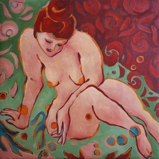 Marina Venediktova: 'woman planting flowers', 2022 Oil Painting, Erotic. 