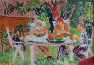 Marko Janicki: 'Melon eaters', 2001 Oil Painting, Cityscape. A painting I made a la prima at my garden, while my family members were eating a watermelon. ...