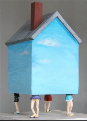 Mark Wholey: 'BeachHouse', 2003 Mixed Media, Surrealism.   An iconographic house painted with walls of sky and a gray roof and brick red chimney is supported by four plastic figures in bathing costumes.       ...