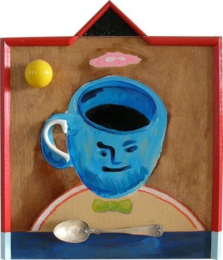 Mark Wholey: 'Here comes the coffee and its all right', 2012 Mixed Media, Geometric.  A coffee cup with a face on it floats above a half circle and a green bow tie with a pink cloud over the top. An actual handle is attached as well as a silver spoon and yellow ball acting as a sun. Bordered in red with a pediment with...
