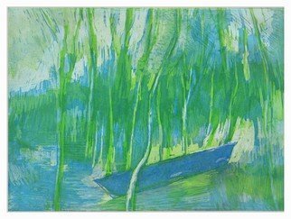 Martha Hayden: 'The Blue Canoe', 2008 Etching - Open Edition, Abstract Landscape.    Landscape, Wisconsin, Wisconsin artist, woman painter, color, composition, trees, rural, outdoor, water, boating, recreation, color etching and acquatint        ...