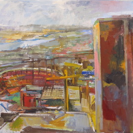 Martha Hayden: 'busch stadium', 2019 Oil Painting, Sports. Artist Description: In the foreground is a tall, glass building and in the distance is Busch Stadium. As the afternoon passes, I see light shining in a variety of ways, reflecting off broad walls of glass, and I record the color of the moment.  I want to simplify structures to ...