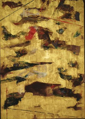 Marty Kalb: 'Floating World Ancient Battle 1', 1995 Acrylic Painting, Abstract Landscape.  Inspired by ancient Chinese and Japanese composition and color ...