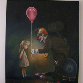 Marvin Teeples: 'After The Show', 2008 Oil Painting, Clowns. Artist Description:  This oil painting is open to interpretation. Some people see a clown picking up his props after the show, when he is approached by a young fan. He smiles and offers a balloon. Other people see something more sinister. What do you see ?  ...