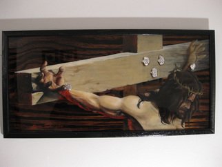 Marvin Teeples: 'Close up Crucifixion', 2009 Oil Painting, Biblical.   This is a wood board that I stained, and painted the image with oil paint. The nails in his wrists, and cross are silver foil. They reflect any light in the room, and are real eye catchers. I poured a heavy coat of polymer over the entire painting. I then...