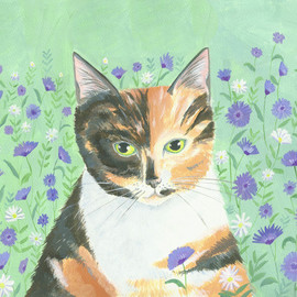 Mary Stubberfield: 'calico cat', 2017 Acrylic Painting, Cats. Artist Description: A beautiful calico cat in her garden with cornflowers and daisies. Aquafine watercolour paper 300gsm mounted onto white board. ...