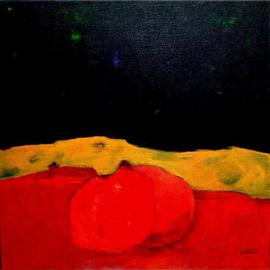 Michal Ashkenasi: 'Fruit in Red', 2002 Acrylic Painting, Landscape. Artist Description: A semi- abstract painting in vivid colors. ...