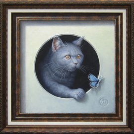 Yuriy Matrosov: 'cat and butterfly', 2017 Oil Painting, Cats. Artist Description: Painting Oil on Canvas. This trompe l oeil depict realistically rendered painting of british shorthair cat and butterfly in both real and illusionary frames. The cat is climbing out of the circle hole erasing the boundary between image and reality. For this painting, I applied several layers of ...