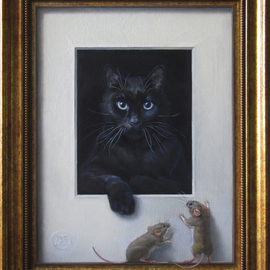 Yuriy Matrosov: 'cat and mice', 2017 Oil Painting, Cats. Artist Description: Painting Oil on Canvas. This trompe l oeil painting features a resting black cat and mice wanting to look at it. Mice are standing on the painting s illusionary frame. For this painting, I applied several layers of paint to the canvas in classic oil painting technique. I ...