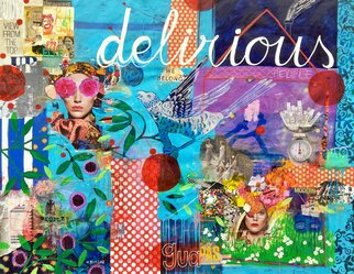 Maria Burgaz: 'delirious', 2017 Collage, Abstract Figurative. As the word indicates the delirium of today s life, of all the aspects that make us carry today s modern life on the scale.  But always from the perspective of good humor, beauty and color.  A back house from whose chimney written messages come out, like those that are ...