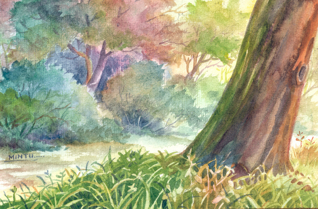 Artist Mintu Maji. 'Through Forest' Artwork Image, Created in 2013, Original Watercolor. #art #artist