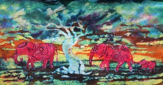Melissa Burgher: '3 Red Elephants', 2015 Other, Animals. Artist Description:  # batik # colorful # Africa # India # dye # movement   ...