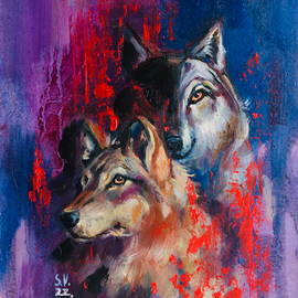 framed wolf painting miniature By Valeriya Petroff