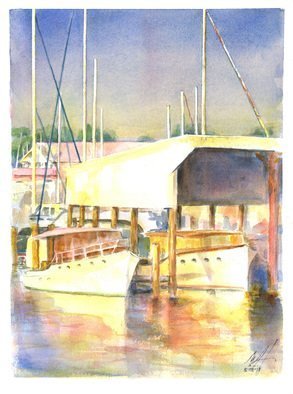 Merrilyne Hendrickson: 'antique boats sarles boat shed', 2017 Watercolor, Boating. Artist Description: Golden Light of late afternoon perfect for this scene of a golden time gone now...