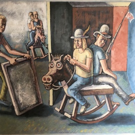 Michael Fornadley: 'Cowboys on crazy horse', 2019 Oil Painting, Political. Artist Description: Literary illusions, 2 cowboys on crazy horse with rocker base, man holding a canvas or mirror, Fog coming in behind 2 distant riders.Compositional walls, leading the eye and confining the center figures. ...