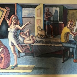 Michael Fornadley: 'White Dog needs Out', 1996 Other Painting, Family. 