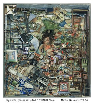 Micha Nussinov: 'Fragments places revisited', 2007 Assemblage, Other. Topographical looks at life with city and country landscapes. This work is layered with Nussinov's history. There are figurative life drawings, combined with photos, old and new, to create a collage of associations, and connections to people and nature, to past projects and to family. These are linked with ...