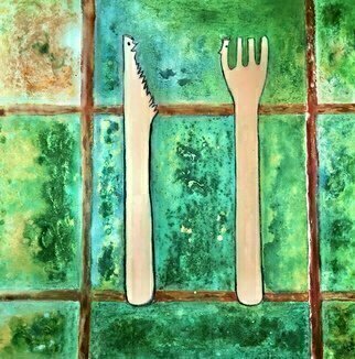Michael Schaffer: 'kitchen talk', 2021 Mixed Media, Abstract Figurative. The kitchen is not just a place to cook but a place to talk.  And it is not just the cooks talking.  A fun painting....