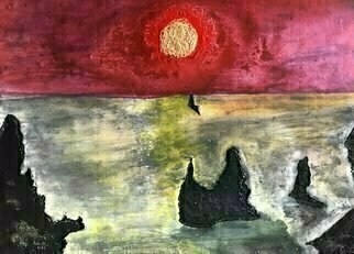 Michael Schaffer: 'moonrise over rock bay', 2022 Mixed Media, Abstract. A beautiful abstract seascape...