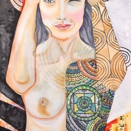 Michela Lago: 'inner world', 2017 Oil Painting, Automotive. Artist Description: Woman, nude, lines, black, mandala, oil, painting, face, portrait, streetart, realism, modern...