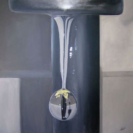 Michelle Iglesias: 'Faucet Flower Drop', 2009 Acrylic Painting, Botanical. Artist Description:  water, flower, drip, drop, sink, faucet, gray, black, yellow, white, tan, large, vase, reflection, metal ...