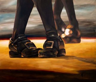 Michelle Iglesias: 'Irish Jig Dancing Feet', 2014 Acrylic Painting, Dance.  Irish jig, dancing, feet, tap, clogging, two, step, stepping, floor, black, large, big, brown, socks, shoes, synchronized, together, pairs, yellow, buckle, photo realism, iglesias ...