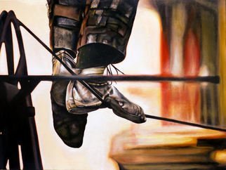 Michelle Iglesias: 'Tight Rope Walker', 2014 Acrylic Painting, Circus.  tight rope, high wire, buildings, man, walker, performer, performance, dangerous, skill, shoes, circus, extreme, black, red, white, yellow, brown, gold, sun, outside, realism, large, big, Iglesias, painting ...