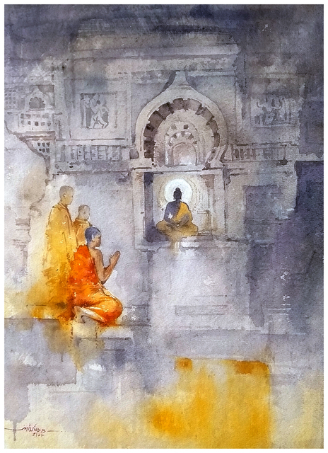 Artist Milind Bhanji. 'Budhas Way' Artwork Image, Created in 2022, Original Watercolor. #art #artist