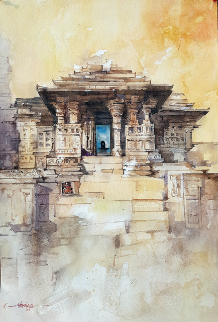 Artist Milind Bhanji. 'Gondeshwar Temple India' Artwork Image, Created in 2021, Original Watercolor. #art #artist