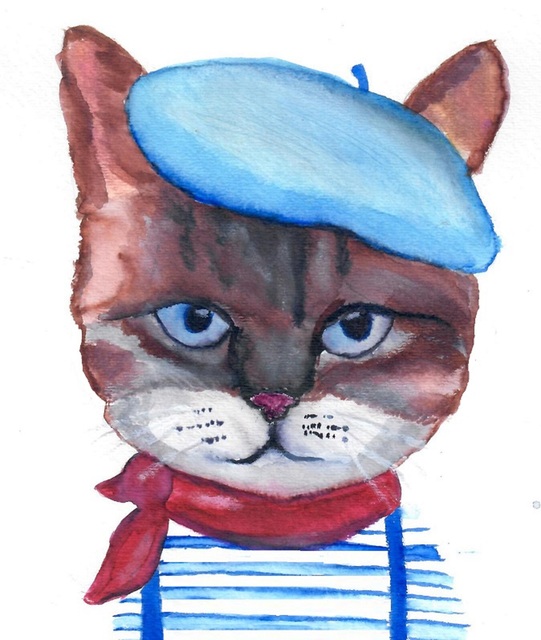 Artist Jennifer Edwards. 'French Kitty Art' Artwork Image, Created in 2018, Original Watercolor. #art #artist