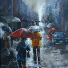 Mitzi Lai: 'Rainy Day Shopping in Tokyo', 2008 Oil Painting, Cityscape. Artist Description:  One of the kind original oil painting by Mitzi Lai  ...